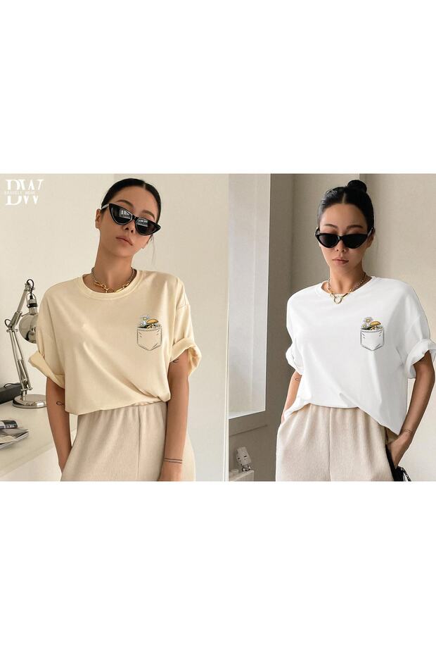 2 in 1 Beige and White Floral Printed Oversize Women's Tshirt