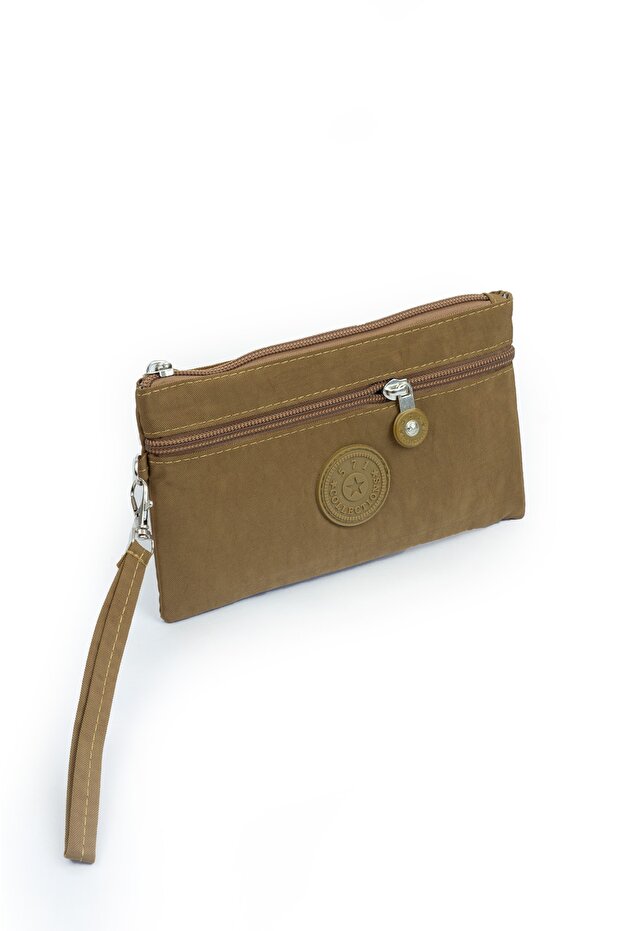 Crinkle/Clinker Water Repellent Fabric 2 Zipper Wrist Strap Mobile Phone Hand Bag Wallet Pen Holder Khaki 1115