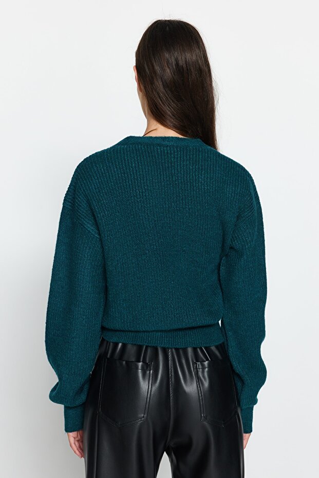 Petrolfarbene Strickjacke mit weicher Struktur und zweireihigem Kragen TWOAW24HI00282 - 5