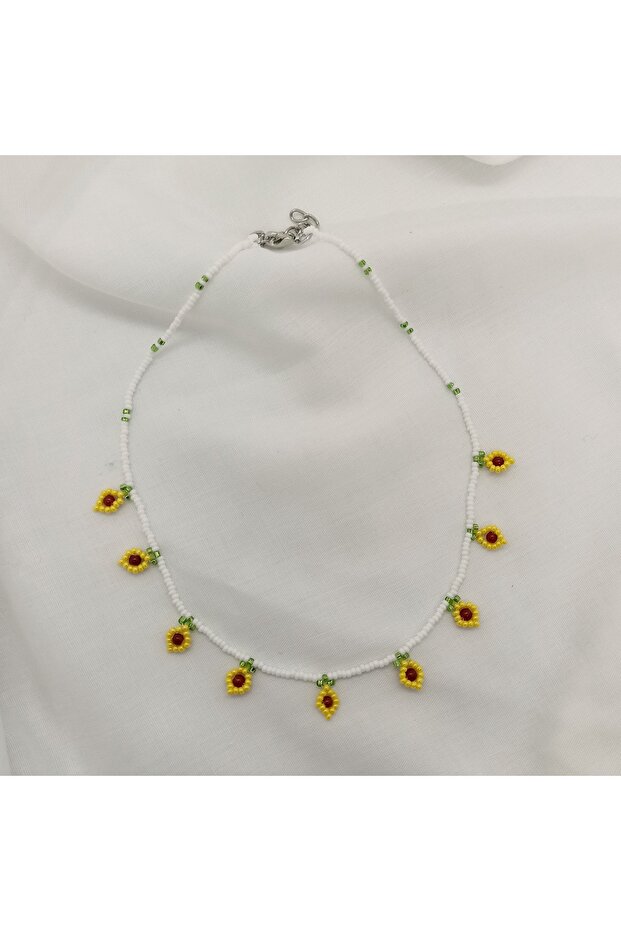 White-Yellow Agate Natural Stone Summer Necklace / Leaf Motif / Handmade Crystal Bead Knitted
