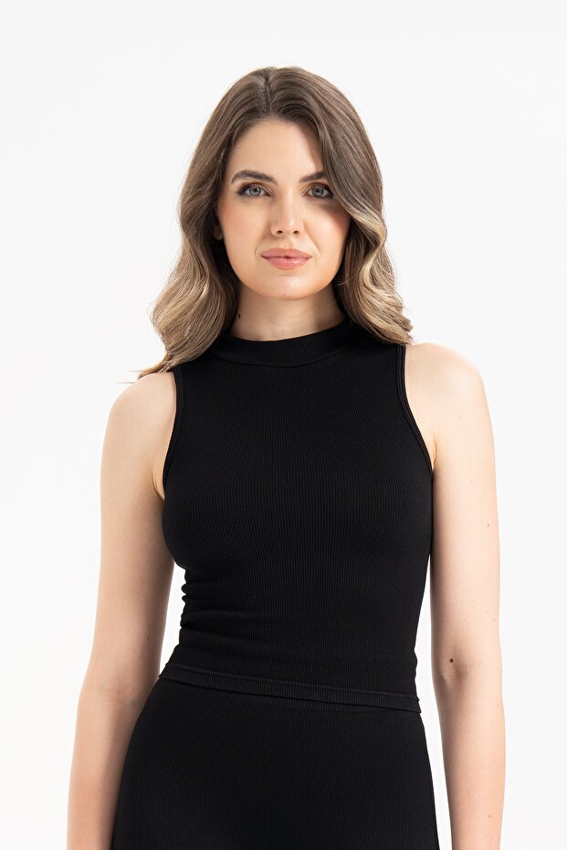 Women's Seamless Knitted Corded Sleeveless Turtleneck Blouse 9007