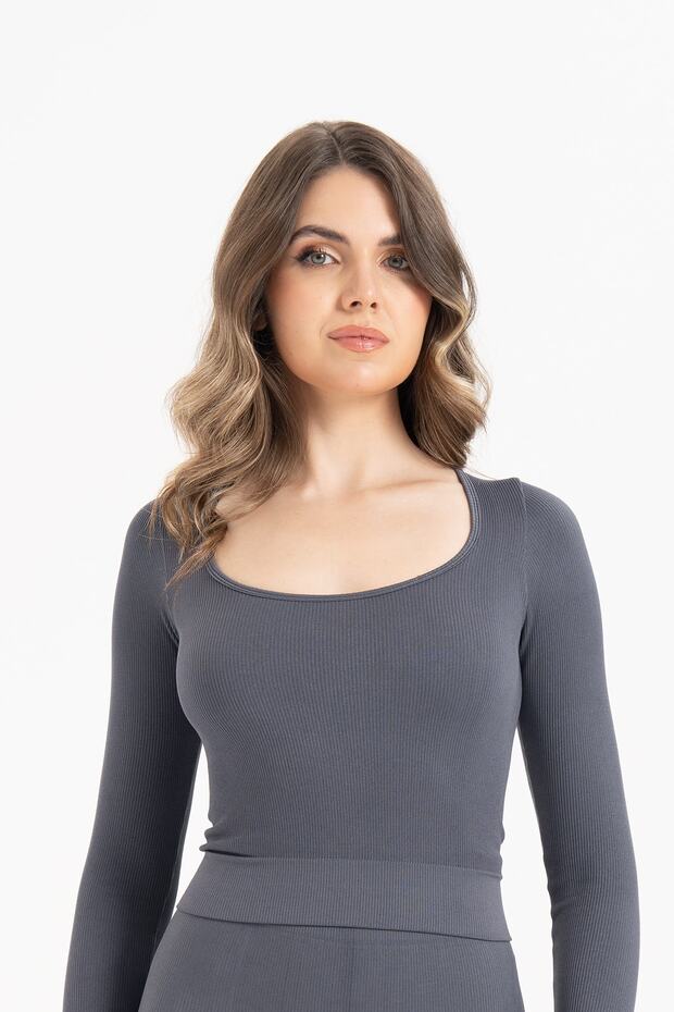 Women's Seamless Knitted Corded Long Sleeve Square Neck Crop Blouse 9010