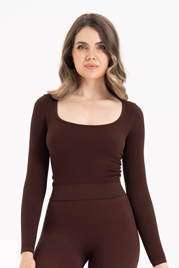 Women's Seamless Knitted Corded Long Sleeve Square Neck Crop Blouse 9010