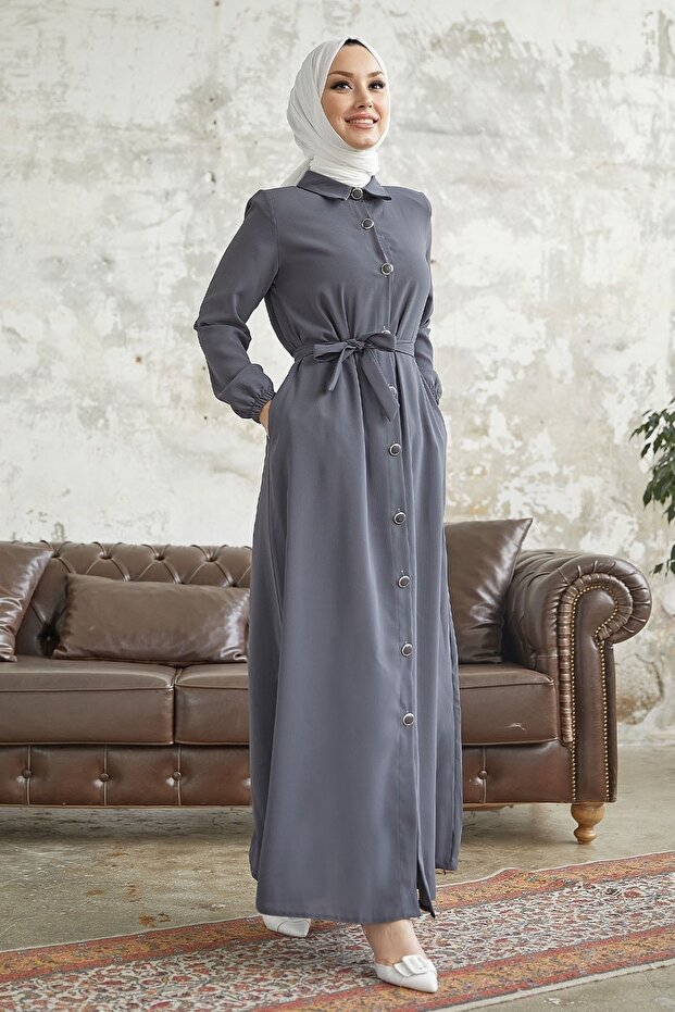Linny Buttoned Shirt Collar Abaya - Anthracite