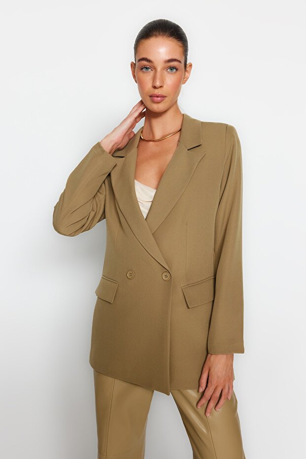 Açık Haki Regular Astarlı Kruvaze Kapama Dokuma Blazer Ceket TWOSS20CE0059 - 3