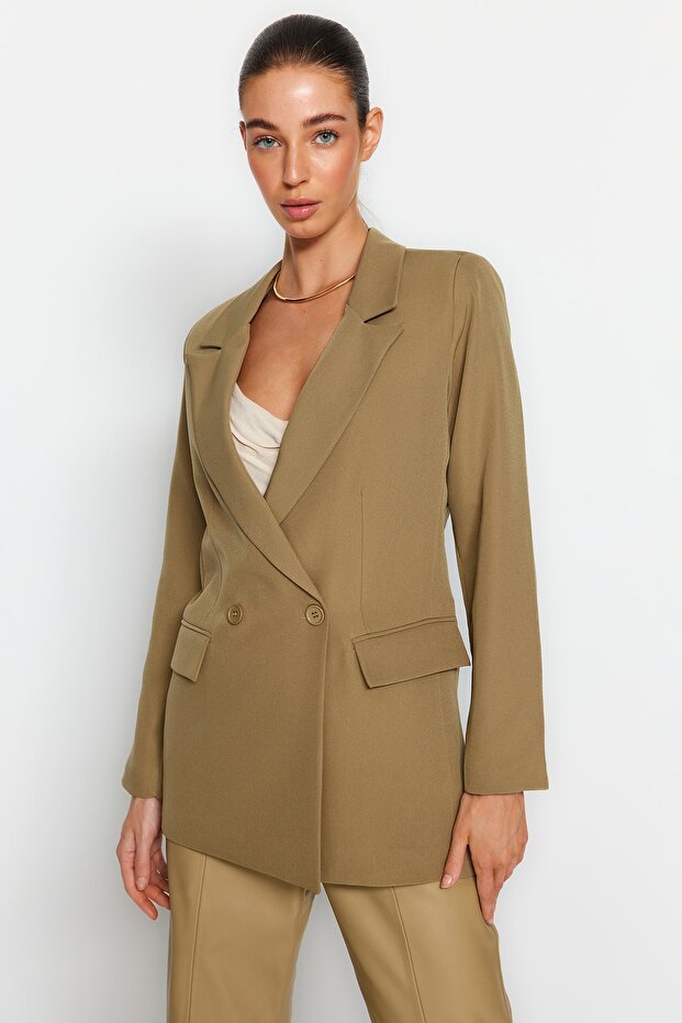 Açık Haki Regular Astarlı Kruvaze Kapama Dokuma Blazer Ceket TWOSS20CE0059 - 6