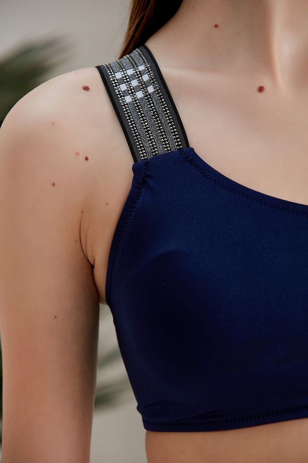 Tek Omuz Taşlı Lastik Detaylı Yüksek Bel Astarlı Bikini Takımı - 6