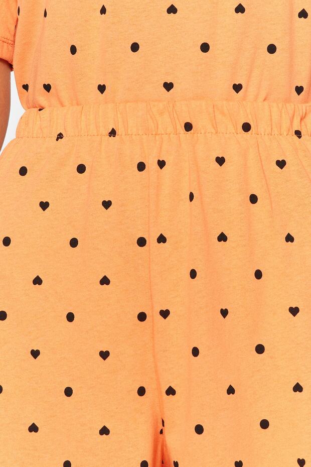 Turuncu-Çok Renkli %100 Pamuklu Puantiyeli ve Kalpli Şortlu Örme Pijama Takımı THMSS21PT1485 - 5