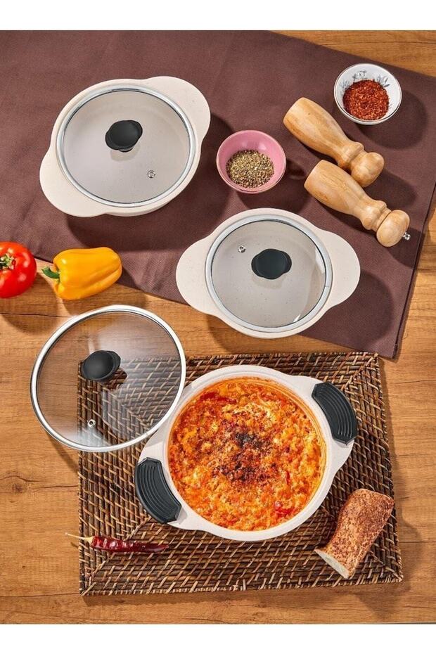 Granit Plus 3'lü Sahan Seti Tak/çıkar Silikon Saplı Krem - 1