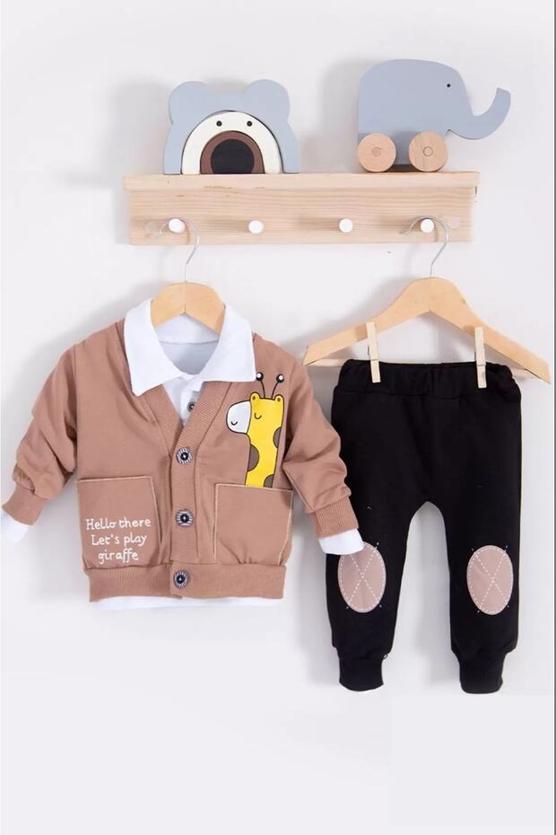 Baby Boy 3-Piece Giraffe Patterned Brown Suit with Cardigan 3 6 9 12 18 Months
