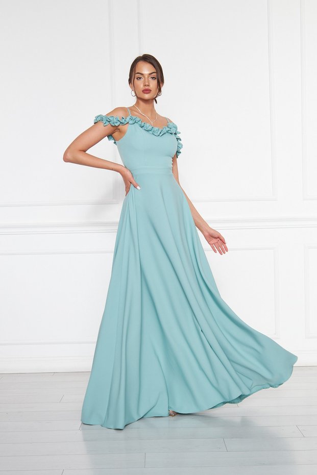 Mint Green Ruffle Collar Detail Adjustable Straps Woven Fabric Maxi Flared Evening Dress