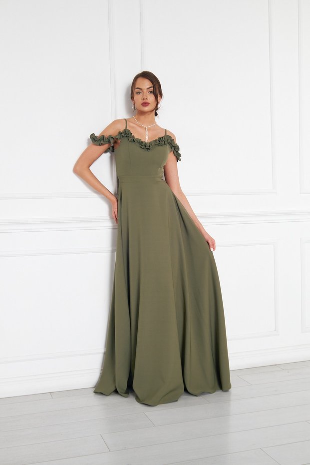 Khaki Ruffle Collar Detail Adjustable Straps Woven Fabric Maxi Flared Evening Dress