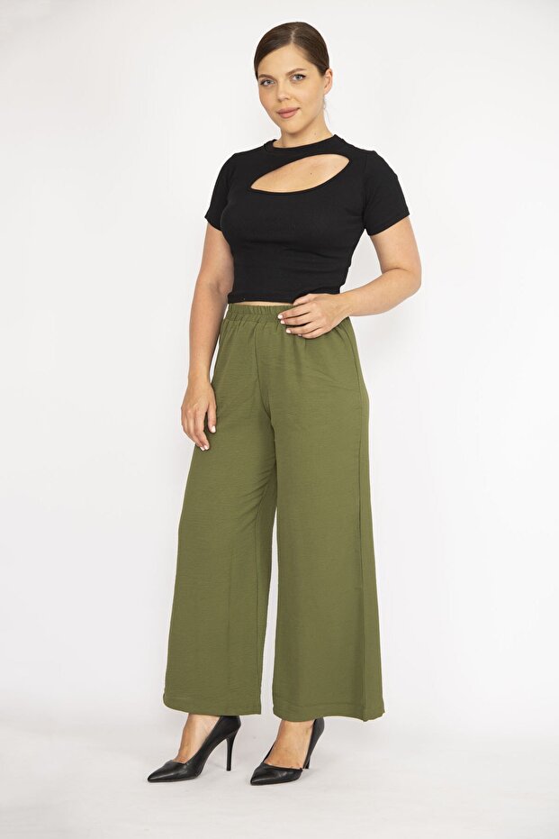 Women's Khaki Large Size Aerobin Fabric Elastic Waist Wide Leg Trousers 65n36530