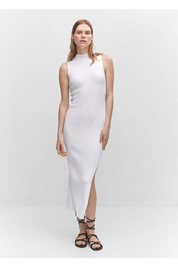 Yırtmaçlı Ribana Triko Elbise - 2