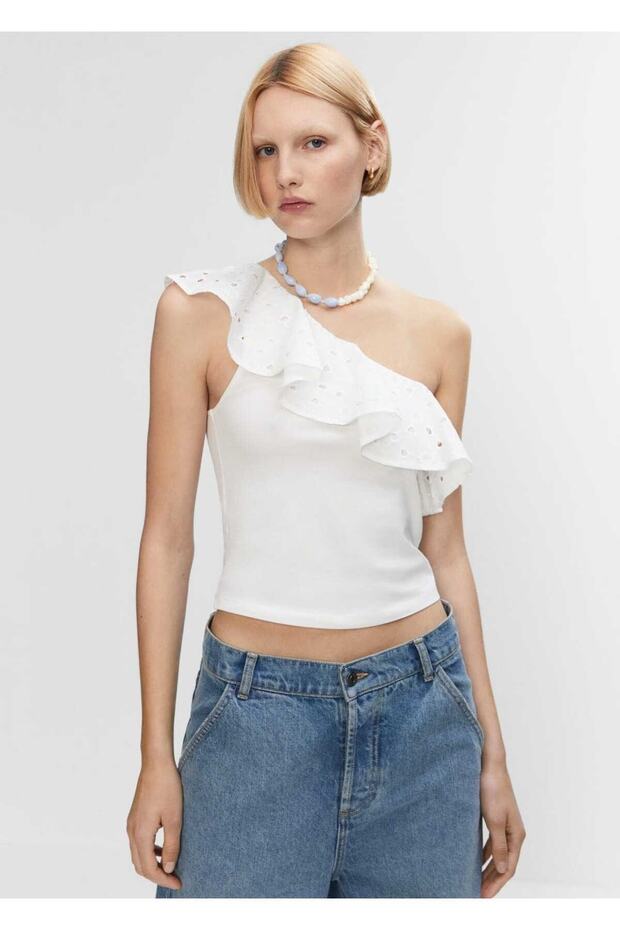 Volanlı işlemeli asimetrik bluz - 1