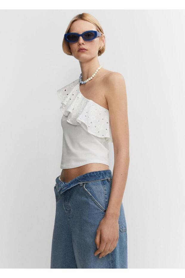 Volanlı işlemeli asimetrik bluz - 5