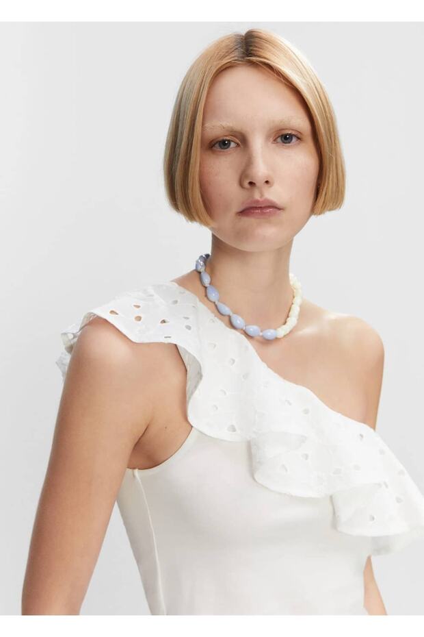 Volanlı işlemeli asimetrik bluz - 7