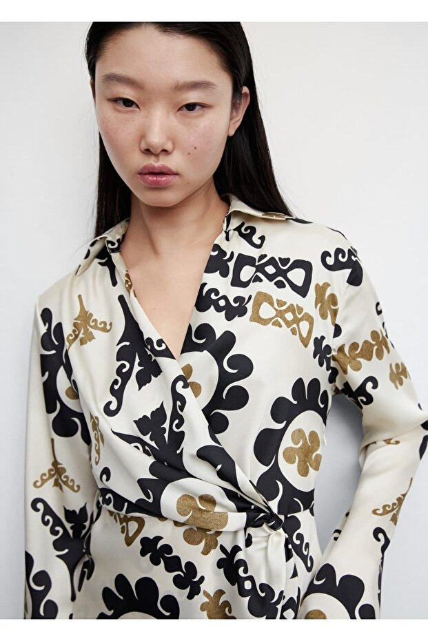 Desenli Saten Elbise - 5