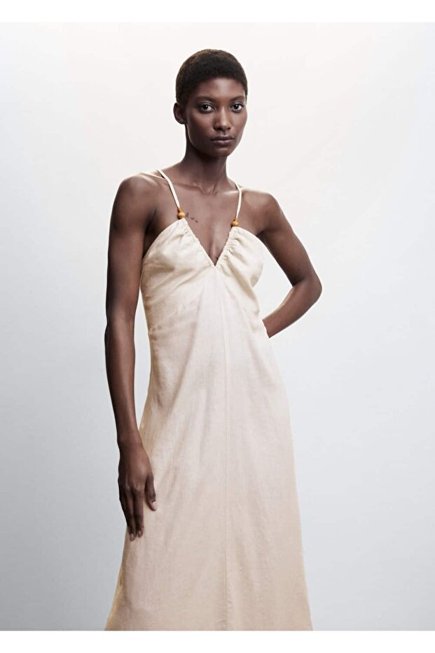 Sırtı Çapraz Keten Elbise - 1