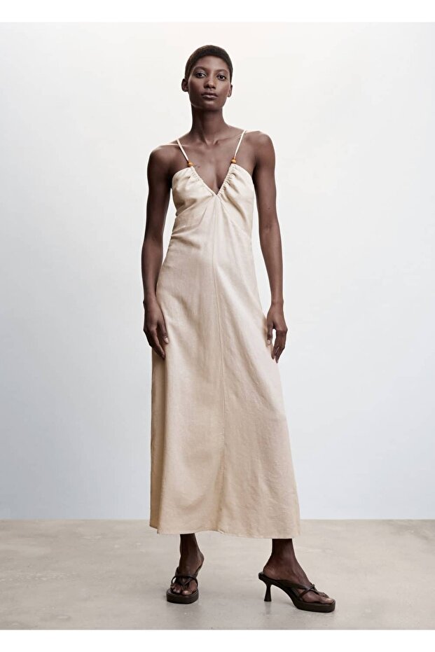 Sırtı Çapraz Keten Elbise - 2