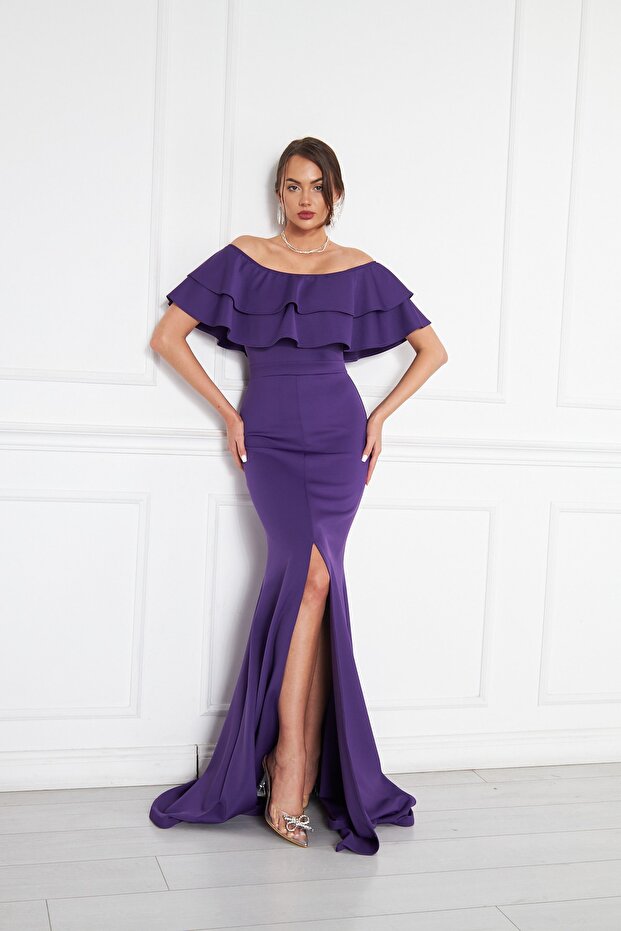 Purple Boat Neck Ruffle Detail Stretch Fabric Off Shoulder Maxi Length Evening Dress Fish Dress
