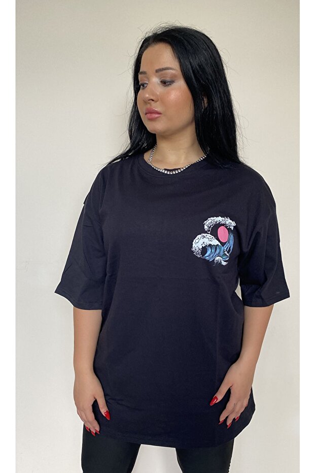 Large Size Women's T-Shirt Wave Printed 21021 Black