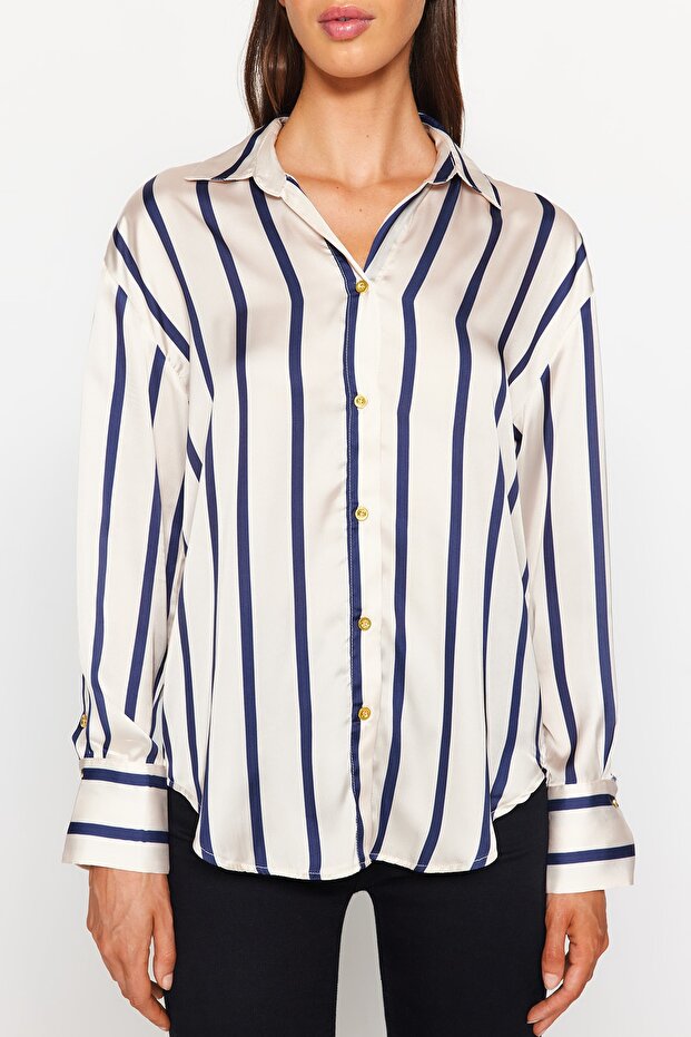Ekru Çizgili Saten Kumaş Oversize Geniş Kalıp Dokuma Gömlek TWOAW24GO00016 - 5