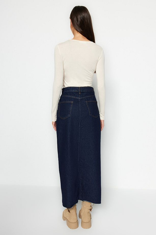 Koyu Mavi More Sustainable Yırtmaçlı Maxi Denim Etek TWOSS23ET00290 - 5
