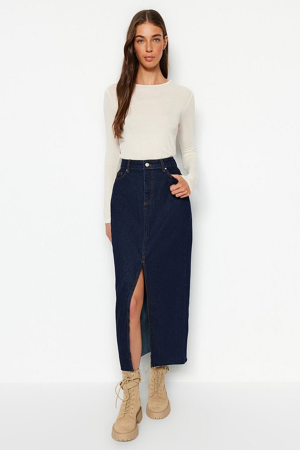 Koyu Mavi More Sustainable Yırtmaçlı Maxi Denim Etek TWOSS23ET00290 - 3