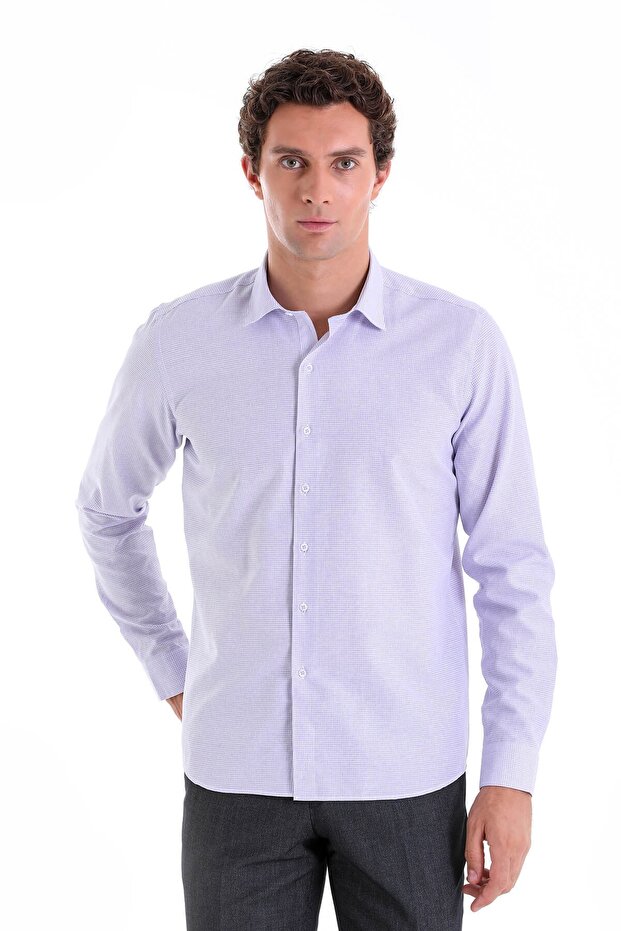 Lilac Comfort Fit Striped Cotton Slim Collar Long Sleeve Casual Shirt