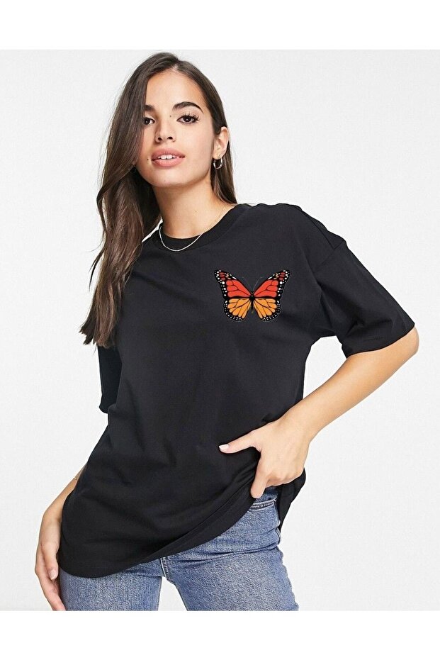 Black Oversize Butterfly Printed Cotton Combed T-Shirt