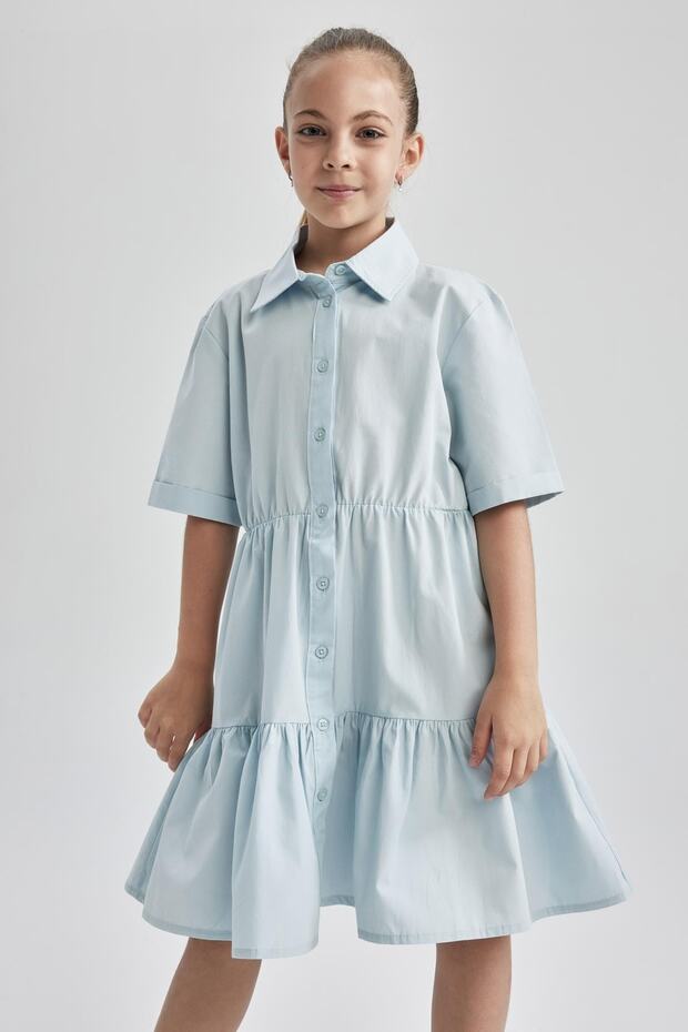 Girl's Regular Fit Shirt Collar Short Sleeve Cotton Poplin Midi Dress