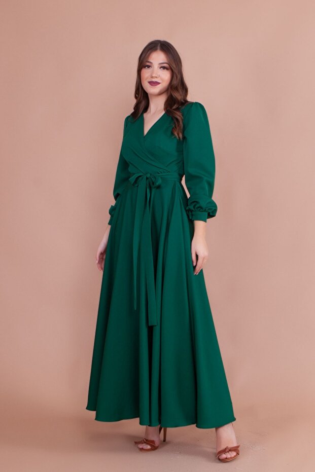 Emerald Double-Breasted Collar Long Sleeve Buttoned Cuffed Long Length Belted Dress