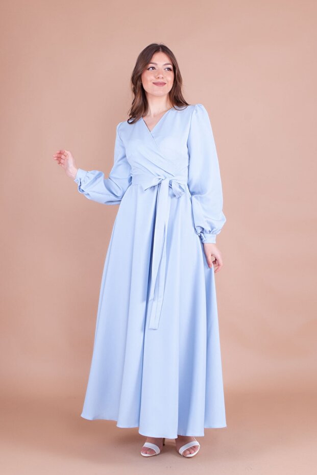 Baby Blue Double Breasted Collar Long Sleeve Buttoned Cuffed Long Length Belted Dress