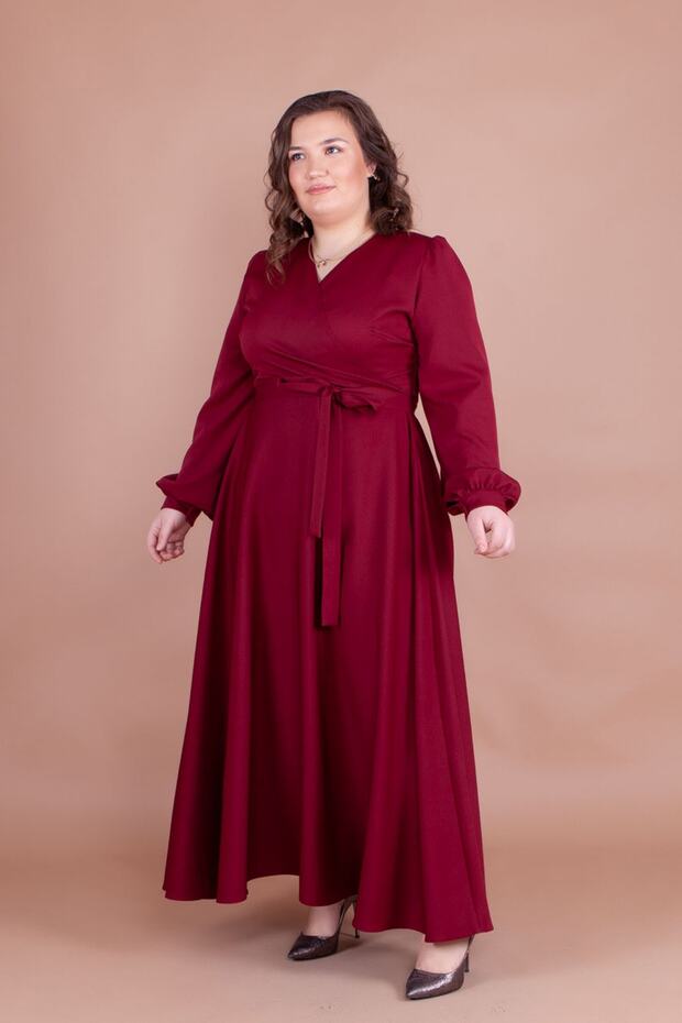 Burgundy Double Breasted Collar Long Sleeve Buttoned Cuffed Long Length Belted Plus Size Dress