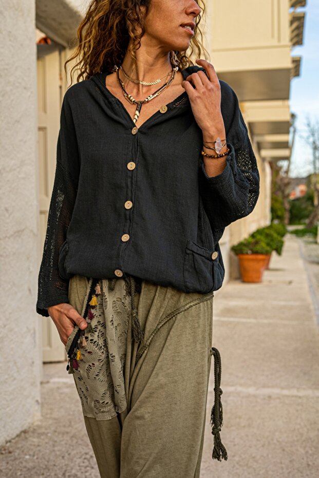 Women's Black Washed Linen Mesh Tie-up Hooded Blouse GK-RSD2021