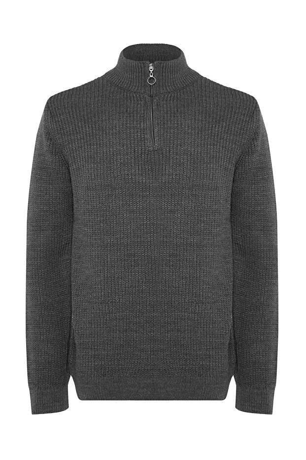 Koyu Gri Casual Regular Fit Couple/Çift Yarım Balıkçı Fermuarlı Yaka Kazak TMNAW22KZ1908 - 9