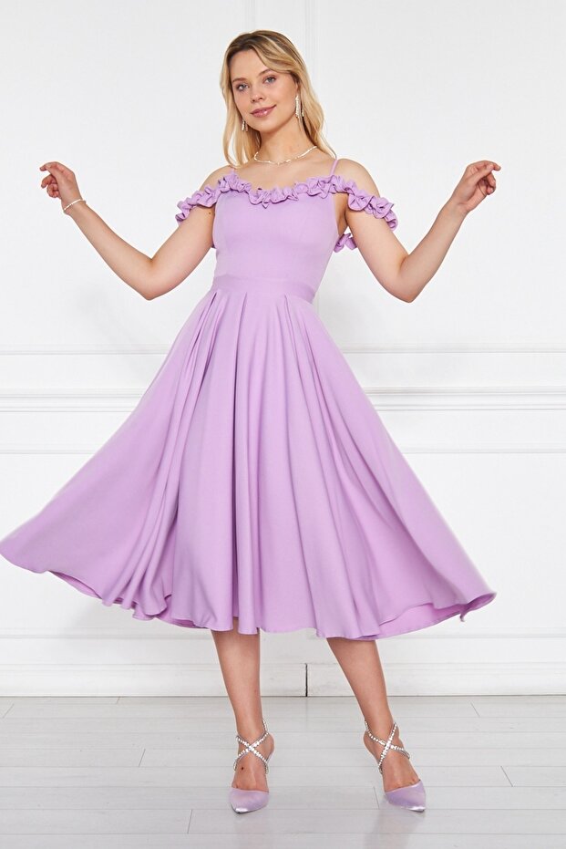 Atlas Fabric Adjustable Strap Ruffle Detailed Collar Pleated Flared Midi Lilac Evening Dress 421