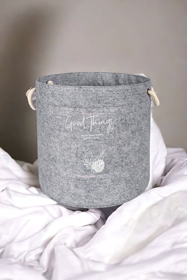 Mega Size 27X27Cm Gray Round Basket - Multi-Purpose and Felted Handles