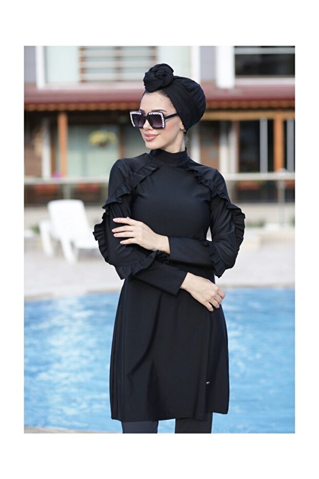 Ruffle Design Lycra Full Covered Hijab Swimsuit Ruffle 4104 Black
