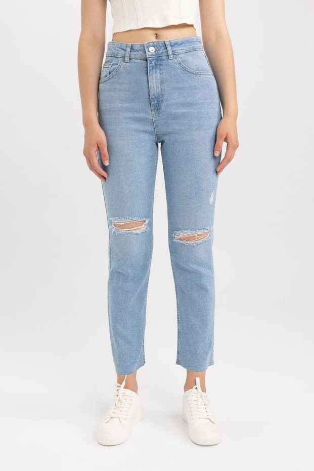 Mary Straght Fit High Waist Ripped Detailed Long Length Jean Trousers A7012ax23hs