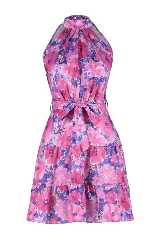 Fuşya Çiçek Desenli Halter Yaka A Kesim Saten Mini Dokuma Elbise TWOSS20EL2490 - 6