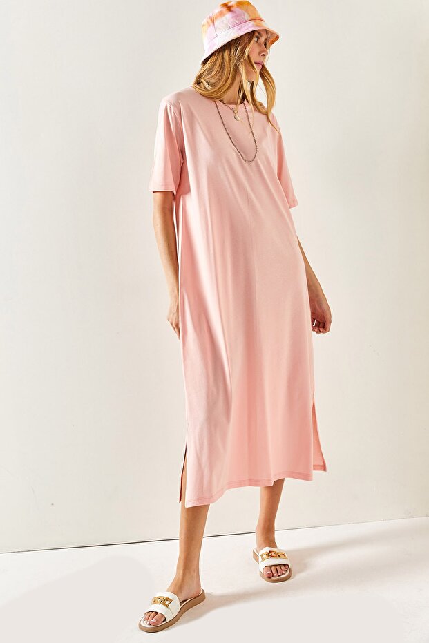 Women's Powder Side Slit Oversize Cotton Dress ELB-19001880
