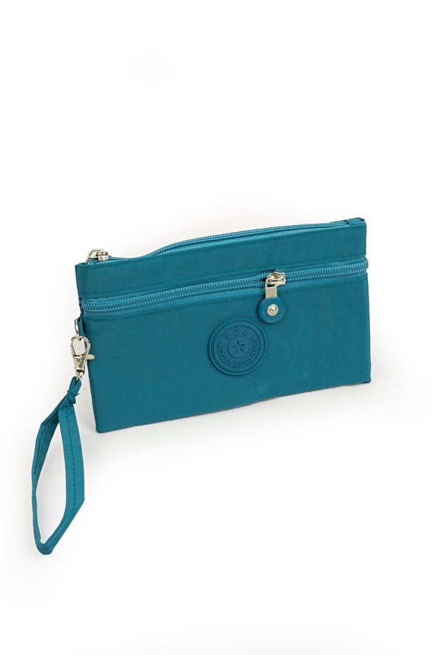 Crinkle/Clinker Water Repellent Fabric 2 Zippers Wrist Strap Mobile Phone Handbag Wallet Turquoise 1115