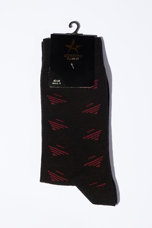 Men's Black-Claret Red Patterned Sock Socks