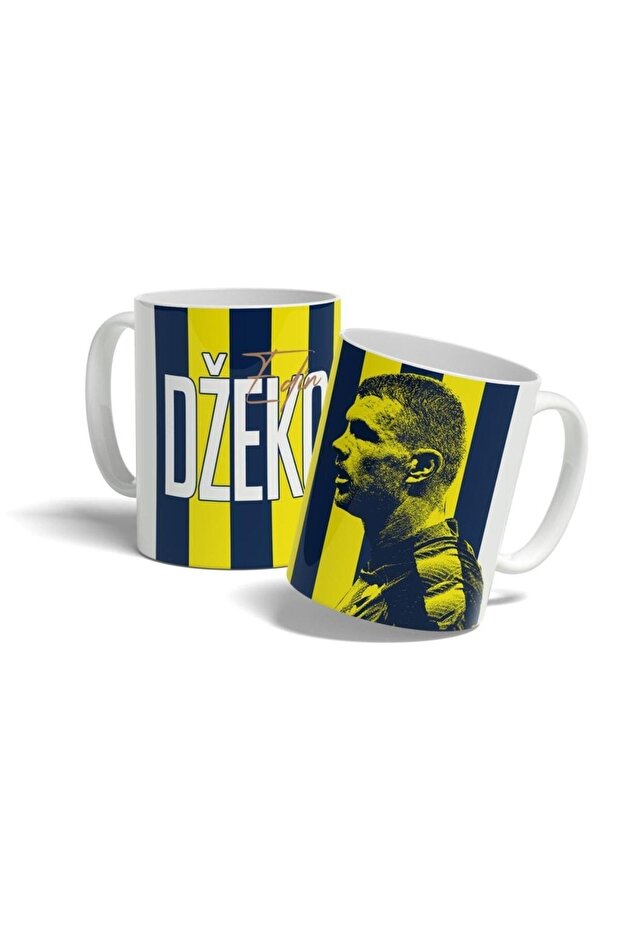 مج مطبوع بتصميم مخطط باللون الأصفر والأزرق الداكن من Edin Dzeko