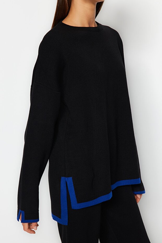 Black Wide Fit Contrast Color Knitwear Top and Bottom Set TWOAW24AU00062 - 4