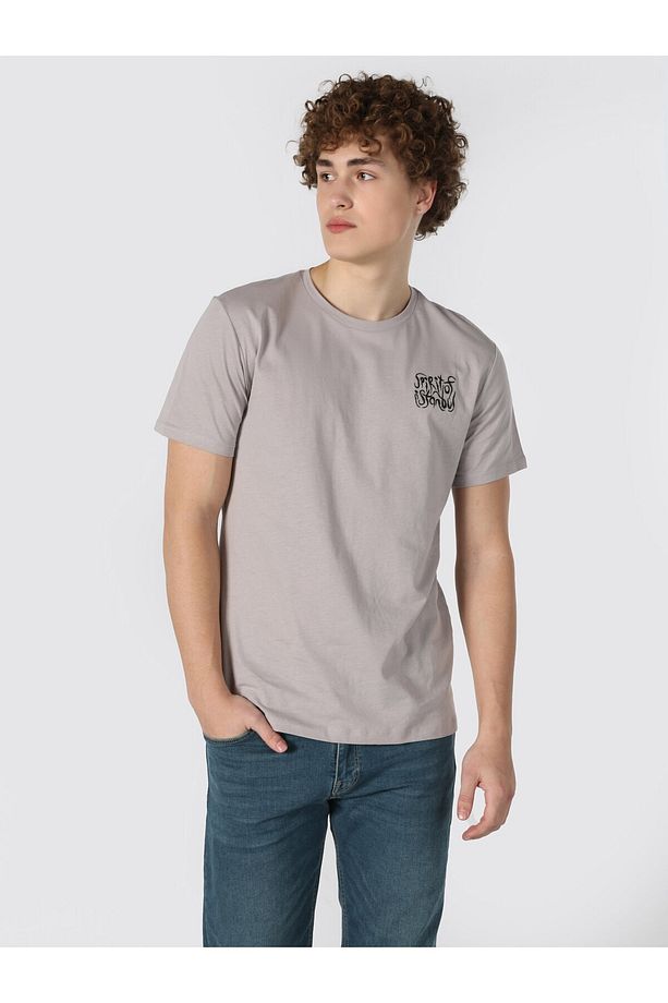 Regular Fit Bisiklet Yaka Baskılı Bej Erkek Kısa Kol Tişört - 3
