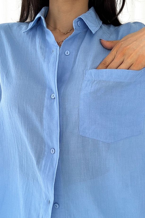 Kadın Mavi Yeni Sezon Fakir Kol Tek Cep Oversize Pamuk Gömlek - 6