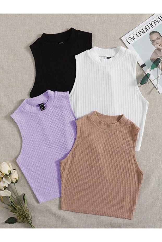 Women's 4-Piece Ribbed Cotton Knitted Camisole Crop Blouse Athlete
